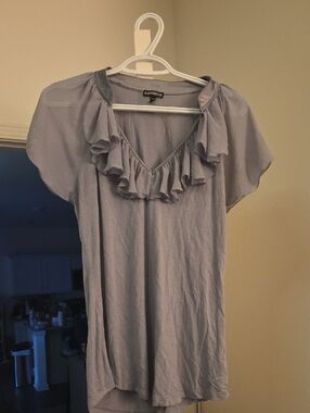 Express Gray Ruffle V-Neck Blouse